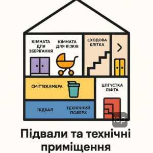 Допоміжні приміщення будинку: підвали, горища, комори, колясочні, технічні приміщення для експлуатації будинку та побутового обслуговування мешканців.