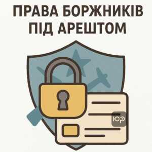 Ілюстрація зображує блокування банківських рахунків під час воєнного стану, пояснює право боржників використовувати кошти навіть за наявності арешту, та підкреслює законодавчі обмеження і права щодо арешту коштів.