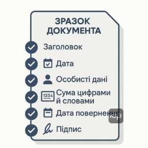 Короткий опис правильного зразка розписки, що містить обов'язкові елементи для легітимності боргового документа та запобігання оскарженню.