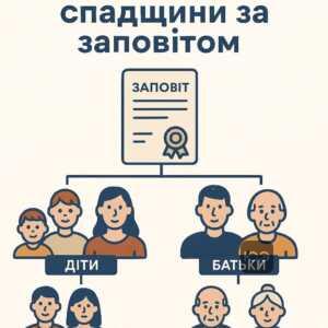 Огляд черговості спадкування за українським правом із пріоритетом заповіту та законних спадкоємців, включно з дітьми, подружжям та батьками, зображено на графічній схемі для легкого розуміння механізмів переходу майна.
