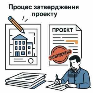 Опис процесу затвердження та коригування проектної документації будівництва, що включає етапи розробки, експертизи та підписання наказу, з акцентом на юридично правильний порядок дій та важливість офіційного коригування при змінах проекту.