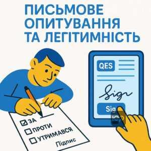 Пояснення процесу письмового опитування і дистанційного голосування в ОСББ, включно з нюансами законності підписів і використання кваліфікованого електронного підпису для голосування з-за кордону.