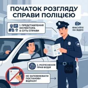 Порядок розгляду справи поліцією починається з представлення та роз'яснення прав водію