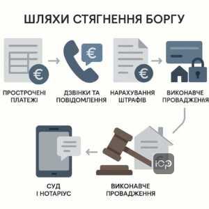 Етапи стягнення боргу від першого прострочення до виконавчого провадження з покроковим поясненням юридичних та фінансових наслідків для боржника, включаючи реструктуризацію, штрафні санкції, судові процедури та арешт майна.