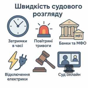 Фактори впливу на тривалість судового процесу з банками та мікрофінансовими організаціями - вплив воєнного стану, поведінки кредитора та використання відеоконференцій для прискорення розгляду.