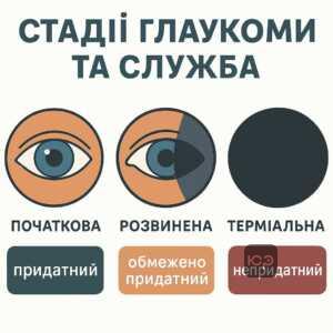 Пояснення стадій глаукоми за статтею 28 та їх вплив на придатність військовозобов'язаних до служби, з аналізом пунктів розкладу хвороб.
