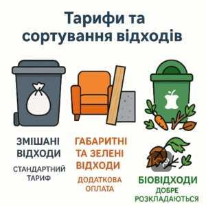 Пояснення тарифів на вивезення побутових відходів, включно з окремими оплатами за великогабаритні, зелені та біовідходи, важливість правильного сортування і правил утилізації для мешканців.