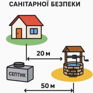 Санітарні відстані від вигрібної ями до житлового будинку та джерела води згідно з Державними санітарними нормами України для безпечного розташування та попередження забруднень.