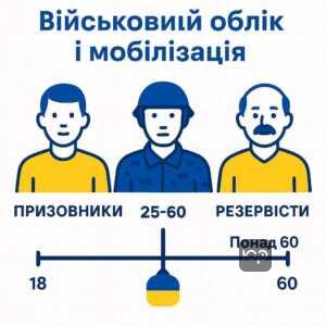 Ілюстрація, що пояснює зміни військового статусу громадян після 25 років і правила мобілізації чоловіків в Україні від 25 до 60 років, з акцентом на законодавчі норми та юридичну підтримку.