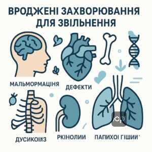 Огляд переліку вроджених захворювань, що дозволяють звільнення від військової служби, включаючи аномалії мозку, серця, дихальної та сечостатевої систем.