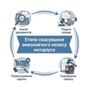 Схема етапів роботи адвоката бюро ЮРКОНСАЛТ зі скасування виконавчого напису нотаріуса у Запоріжжі