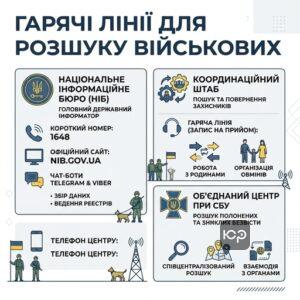 Контакти гарячих ліній для розшуку зниклих безвісти військовослужбовців НІБ Координаційний штаб СБУ
