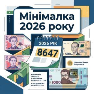 Розмір мінімальної заробітної плати в Україні 2026 року 8647 грн