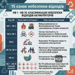 15 ознак небезпеки відходів батарей та акумуляторів HB 1 - HB 15