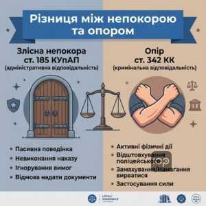 Різниця між злісною непокорою ст 185 КУпАП та опором ст 342 КК