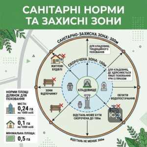 Санітарно-захисні зони та норми площі для розміщення кладовищ у населених пунктах.