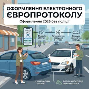 Оформлення європротоколу 2026 через смартфон на місці дрібної аварії без виклику патрульної поліції.