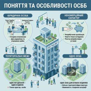 Графічне зображення про поняття та ключові особливості ОСББ для співвласників будинку