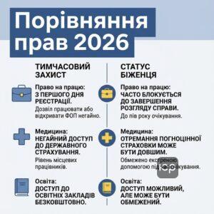 Порівняння прав українців при тимчасовому захисті та статусі біженця в ЄС 2026