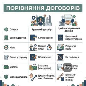 Таблиця відмінностей між ЦПД та трудовим договором