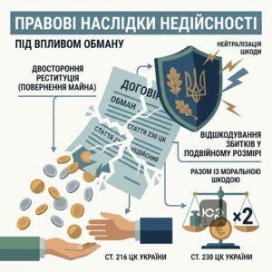 Правові наслідки визнання правочину недійсним під впливом обману за статтею 230 ЦК.