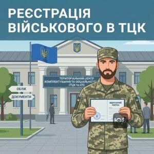 Військовослужбовець біля будівлі ТЦК для реєстрації відпустки облік у тцк під час відпустки
