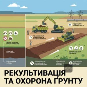 Процес зняття родючого шару ґрунту та рекультивації земель при будівництві.
