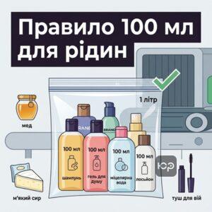 Прозорий пакет з ємностями рідин по 100 мл для авіаперельоту.