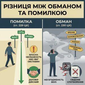 Різниця між обманом за статтею 230 ЦК та помилкою за статтею 229 ЦК.