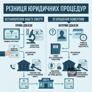 Різниця між встановленням факту смерті та оголошенням померлим через суд