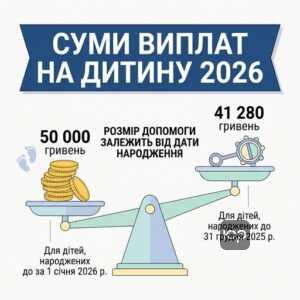 Розмір допомоги при народженні дитини 2026 сума 50000 гривень виплати на дитину ПФУ