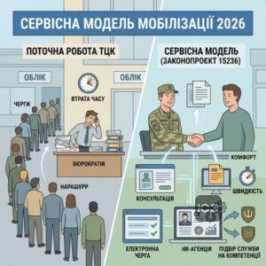 Сервісна модель мобілізації за законопроєктом 15236 порівняно з поточною роботою ТЦК.
