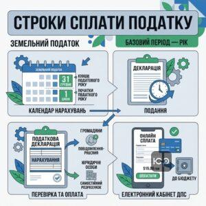 Схема що ілюструє строки сплати земельного податку та подання декларацій