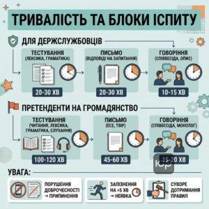 Структура та час проведення іспиту на рівень володіння мовою для держслужбовців та громадянства