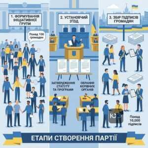 Процес створення політичної партії в Україні через установчий з'їзд та збір підписів.