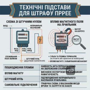 Технічні порушення електромережі: штучний нуль та пошкоджені пломби.