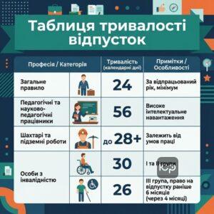 Тривалість щорічної основної відпустки для вчителів шахтарів та осіб з інвалідністю