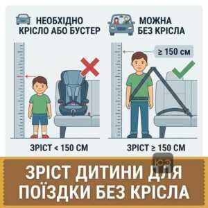 Вимоги до зросту дитини 150 см для поїздок в автомобілі без спеціальних утримуючих систем