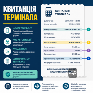 Квитанція платіжного термінала після верифікації платежів у терміналах та обов’язкові реквізити