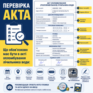 Акт опломбування лічильника води повинен містити номер пломби, показання і реквізити приладу