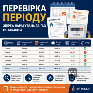Перевірка нарахувань ТВІЙ ГАЗЗБУТ борг за розрахунковий період і квитанції