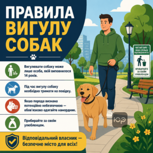 Власник вигулює собаку на повідку в парку згідно з правилами утримання домашніх тварин
