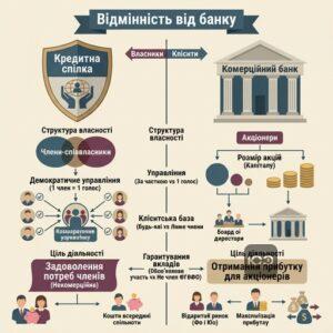 Головна відмінність кредитної спілки від банку за метою діяльності та структурою