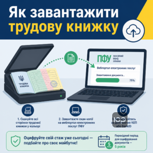 Процес сканування та завантаження трудової книжки на вебпортал ПФУ