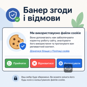 Баннер согласия cookie с кнопками «Принять», «Отказаться», «Настроить»