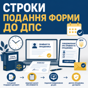 <p>Сообщение о принятии работника в Державну податкову службу подается строго до фактического начала выполнения им трудовых обязанностей. Не имеет значения, принимается ли человек на полный день, неполный график или с испытательным сроком — налоговая должна получить информацию заранее.</p><p>Это правило прямо закреплено в трудовом законодательстве, которое устанавливает обязательную последовательность действий для работодателя перед допуском лица к рабочему месту.</p><pre class='wp-block-code'><code><a href='https://zakon.rada.gov.ua/laws/show/322-08#n136' target='_blank' rel='nofollow noopener'>Згідно з ч. 4 ст. 24 Кодексу законів про працю України: «Працівник не може бути допущений до роботи без укладення трудового договору, оформленого наказом чи розпорядженням роботодавця, та повідомлення центрального органу виконавчої влади з питань забезпечення формування та реалізації державної політики з адміністрування єдиного внеску на загальнообов’язкове державне соціальне страхування про прийняття працівника на роботу в порядку, встановленому Кабінетом Міністрів України.»</a></code></pre><p>Судебная практика Верховного Суду стоит на защите работодателей в случаях формальных опозданий, если трудовые отношения действительно оформлены приказом.</p><pre class='wp-block-code'><code><a href='https://tax.gov.ua' target='_blank' rel='nofollow noopener'>Касаційний адміністративний суд у складі Верховного Суду у справі № 440/545/25 від 20.02.2026 зазначив: «Дії роботодавця за наявності виданого наказу про прийняття не утворюють складу правопорушення щодо використання праці неоформленого працівника.»</a></code></pre><p><strong>Опоздание с сообщением не означает использование нелегального труда, однако соблюдение сроков снимает любые претензии контролеров.</strong></p><p>В нашей практике корректная фиксация кадровых документов нередко становится решающей в защите прав предприятий и работников, как свидетельствует наш <a href='https://jurconsult.pro/victory-case/profesiyne-zakhvoryuvannia-zaporizhstal-sud/'>выигрыш в трудовом споре о профессиональном заболевании</a>.</p><h3>Что делать, если работник выходит «день в день»</h3> <p>Когда выход на работу назначен на день издания приказа, отчет следует сформировать и подписать КЭП утром до начала рабочей смены. В такой ситуации критически важно зафиксировать точное время в приказе и сопоставить его со временем в первой квитанции.</p><p>Самый безопасный вариант для компании — отправлять документ как минимум накануне вечером, даже в выходной день, поскольку серверы налоговой принимают электронные пакеты круглосуточно.</p><h3>Как доказать своевременность отправки формы</h3> <p>Бесспорным электронным доказательством выполнения обязанности является Квитанція № 1, полученная с положительным статусом доставки на сервер. Она содержит дату, точное время получения и регистрационный номер пакета.</p><p>Квитанція № 2 подтверждает финальную обработку документа и внесение записи в Реєстр застрахованих осіб, поэтому обе квитанции следует хранить в личном деле вместе с приказом о назначении.</p>