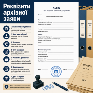 Реквізити та оформлення заяви в архів про отримання документів