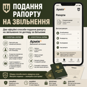 Процедура подання рапорту на звільнення військовослужбовця по догляду за батьками через Армія плюс