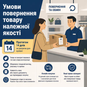 Умови повернення товару належної якості протягом 14 днів згідно із законом