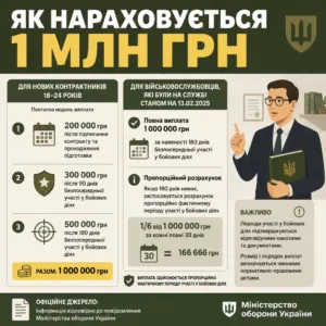 Виплата 1 млн грн військовим до 25 років розрахунок